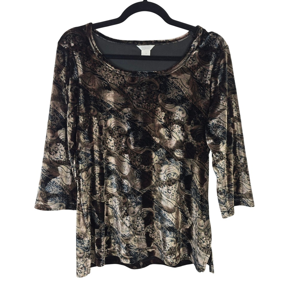 Christopher & Banks Womens Medium Velvet Paisley Scoop Neck 3/4 Sleeve Top Gold